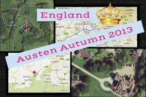 A collage showing a map of England and an inset showing the grounds at Chawton House. Labels across the collage read "England. An Austen Autumn 2013."
