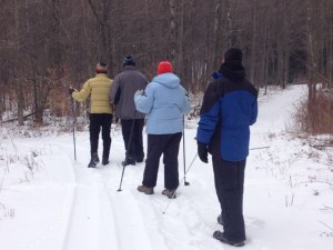 In photo. Hikers on the woodland trail approach an downhill stretch covered with ice and snow. End photo.