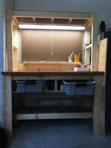 In Photo: The work surface is about 40 inches tall which is very comfortable as a standing working height. Out of photo.