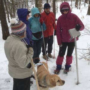In photo. Karen reads a lift and learn post along the path at Sky Lake. Out of photo.