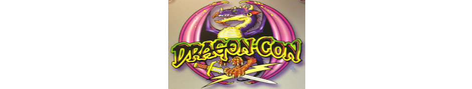 The Dragon Con logo comprised of a dragon spreading his wings, looking to the right while also holding lightening bolts with his feet and the words Dragon*Con across the entire image.