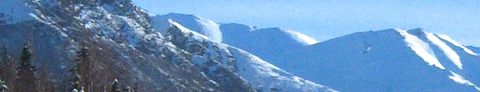 In page header photo. Panning from left to right, the view is of the shadowed mountain dotted with pine trees giving way to gentle snow covered slopes. In the distance there are also mountains as tall but covered with snow. The shadowed side of the mountains are of medium blue and then transiting to a light blue and finally to white against a darker blue sky. End photo.