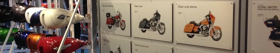 In photo. A slice of the interior of the visitor's lobby at Harley-Davidson Vehicle Operations Plant, York, Pennsylvania. End Photo.